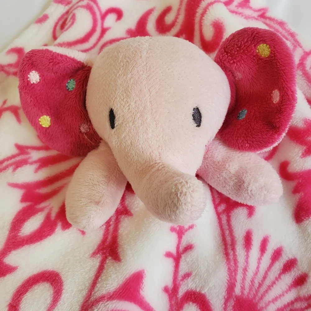 Elephant Security Blanket Baby Lovey Pink Pattern White RN 130369 Polka Dot Ears